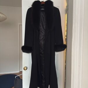 Vintage Ellen Tracy Black Wool and Real Fox Fur Long Coat